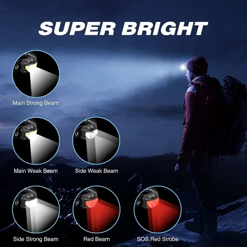 1200LM 8 Mode Motion Sensor Bright LED Rechargeable Waterproof Headlamp with White Red Light for Outdoor Camping Running Cycling