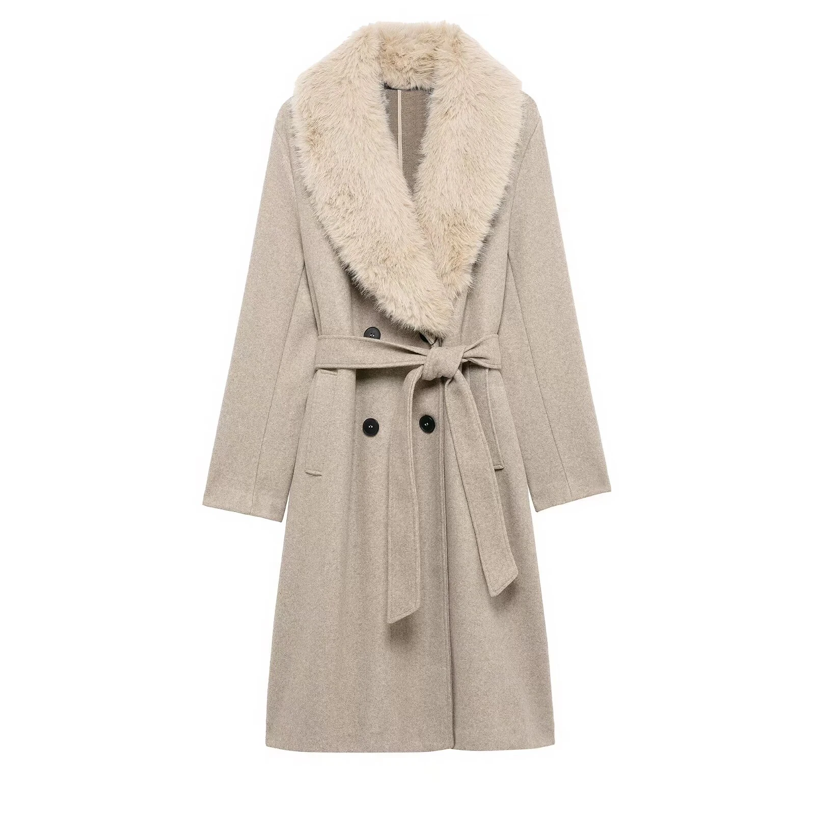 UNIZERA women's coat woolen coat with collar and belt solid color double breasted winter new warm coat woolen coat