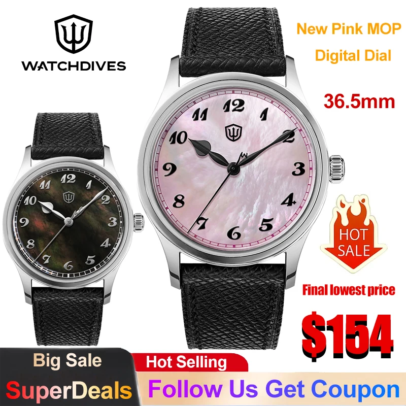 Watchdives WD2008 Men's Watch VH31 Sweep Quartz Movement Ultra Black MOP Dial Sapphire Crystal 100m Waterproof Dive Watches