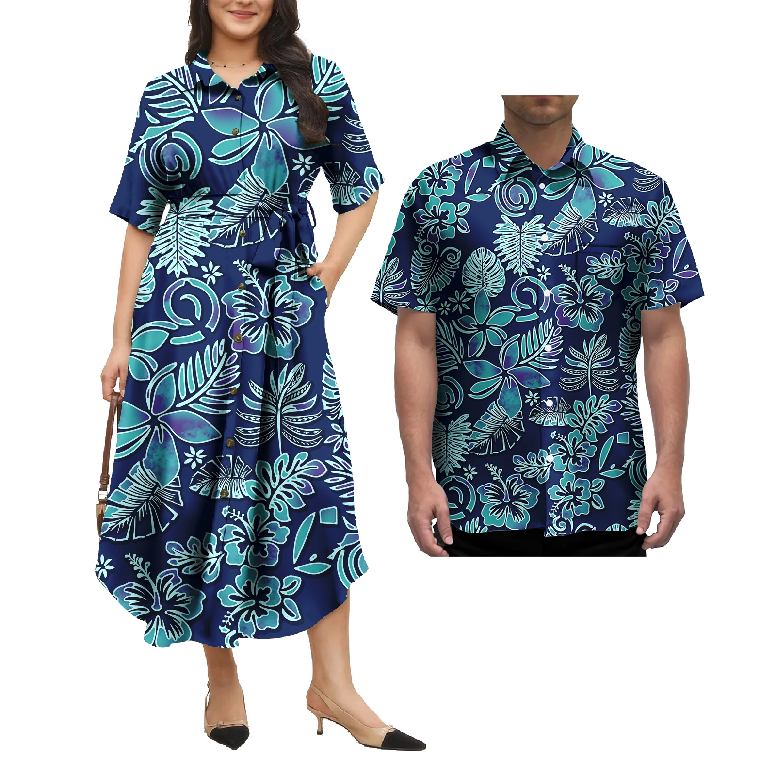 Tapa Polynesian Tribal puletasi Beach Dress Matching Men Hawaiian Shirts Traditional Clothing Long Dress Couple Clothes 2pcs