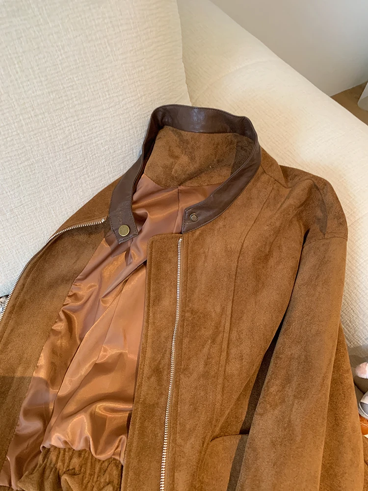 Ele レトロ スエード レザー ジャエット レディース カジュアル スタンドカラー パッチワーク アウター 春秋 多用途 美しいコート