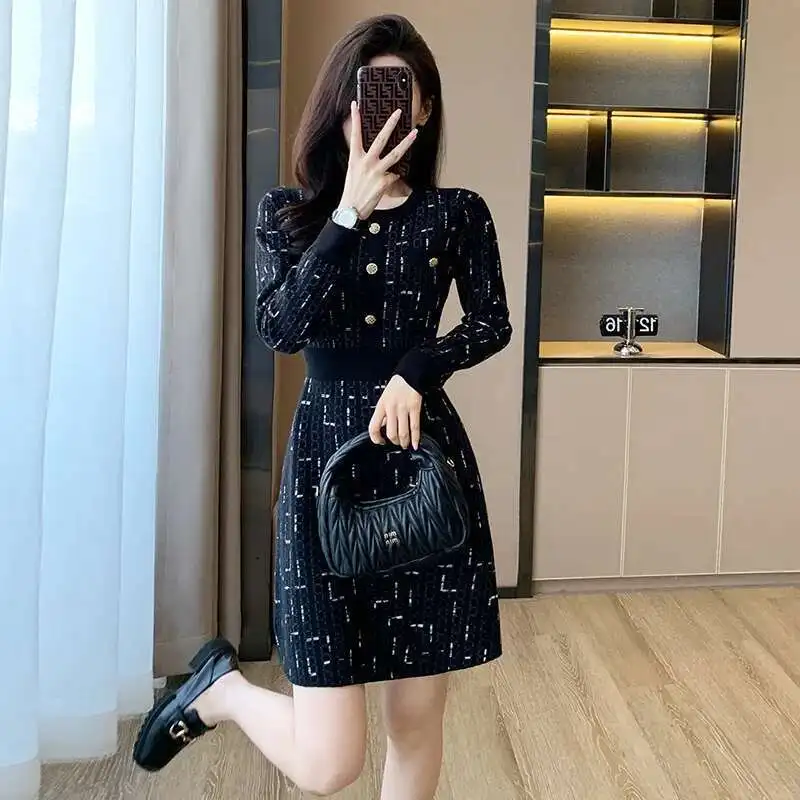 #0901 Black High Waisted Sweater Dress O-neck Buttons Office Elegant Short Dress Female Long Sleeve Stretch Knitted Dress Femme