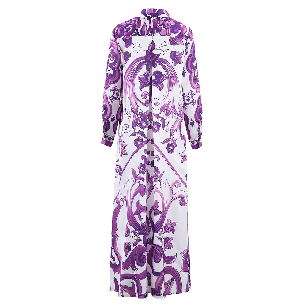 فستان نسائي بفتحة طويلة الأكمام وياقة مقلوبة قميص فضفاض تنورة طويلة موضة طباعة رداء نحيف عالي الخصر فستان واحد الصدر #2