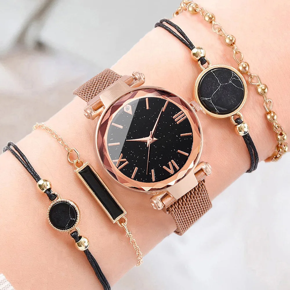 5pcs Women's Fashion Starry Sky Love Absorbent Iron Mesh with Quartz Watch+Bracelet Combination Set