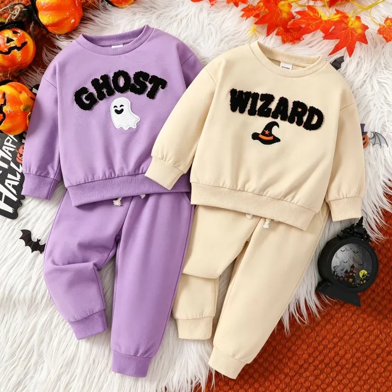 Newborn Toddler Baby Boys Girls Halloween Outfit Set Purple Beige Sweatshirt 3D Letters And Jogger Pants 0 24M