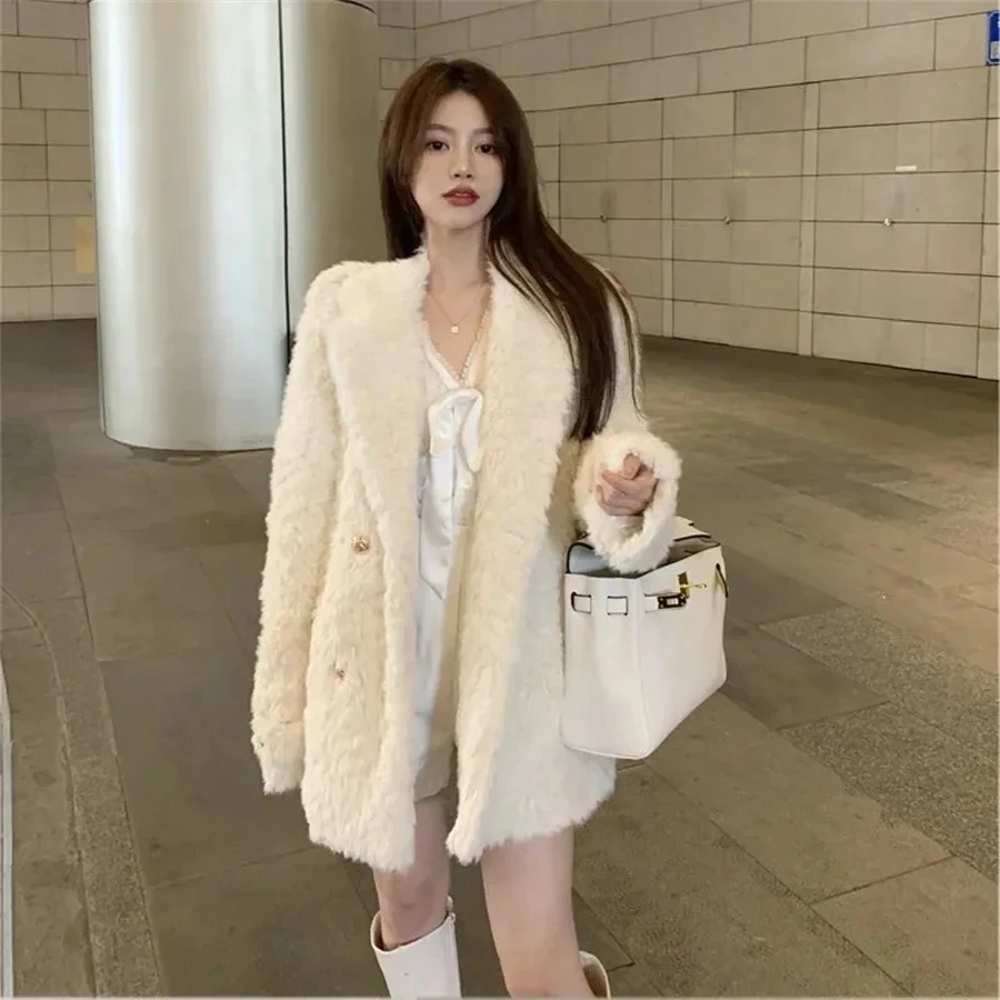 Design Warm Faux Fur Blazer Jackets Winter Thick Korean Fashion Lambwool Coats Women Loose Jaqueta Fashion Luxury Furry Clothing