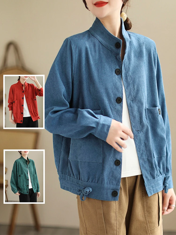 

Весна-Осень Pure Color Long Sve Corduroy ort Jaet Женский модный воротник-стойка большого размера с кетками стандартного кроя