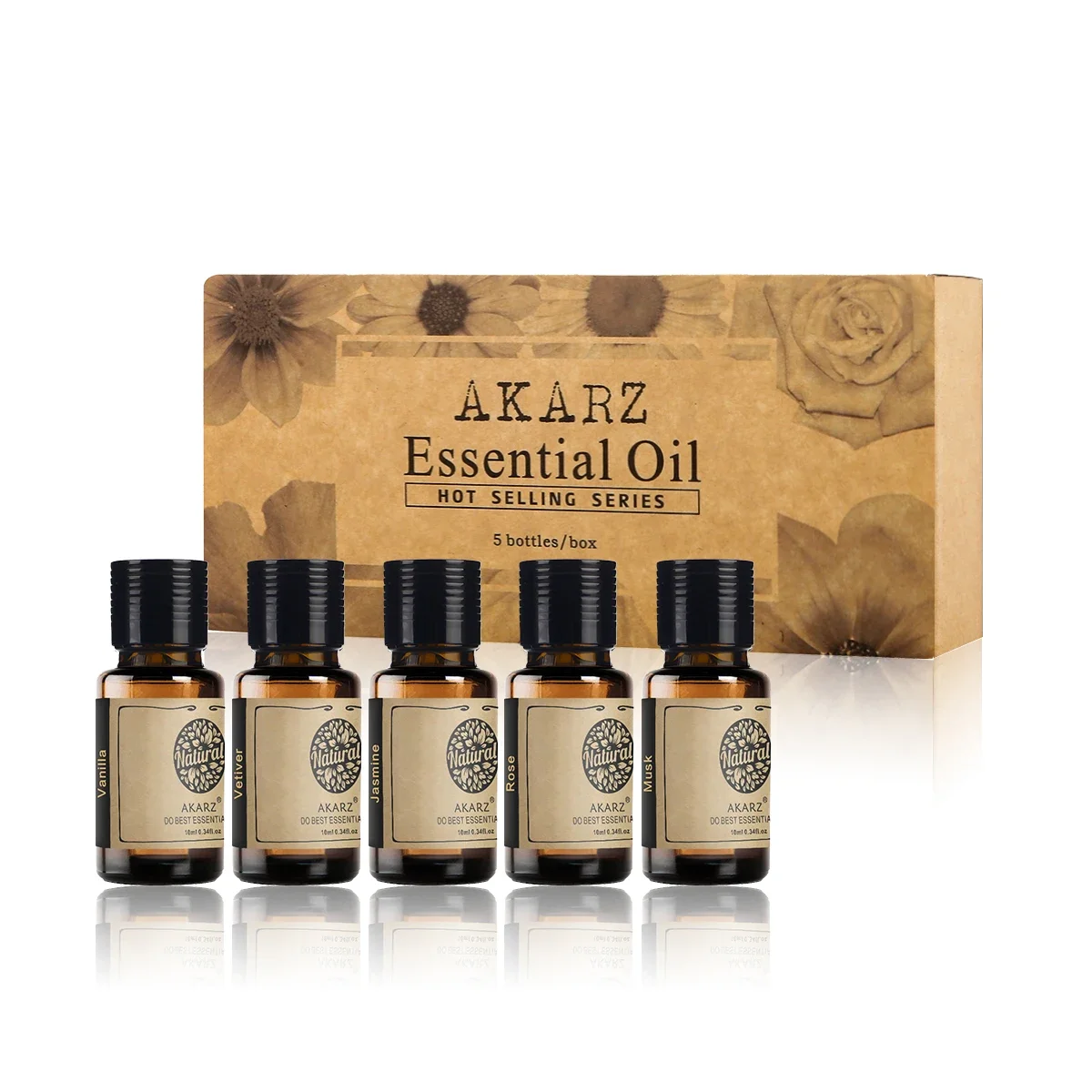 Premium AKARZ Hots Serie 5 Essential Oils - Vanilla, Jasmine, Vetiver, Rose & Musk - Aromatherapy, Massage, Diffuser and DIY