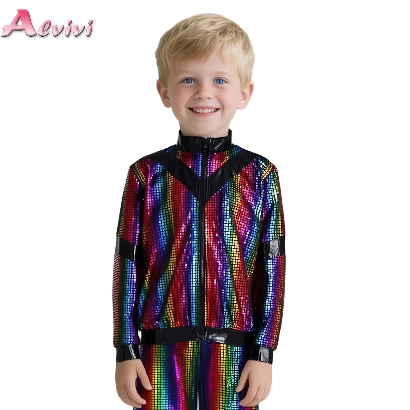 

Fashion Metallic Plaid Jacket Children's Hip-Hop Coats Jazz Dance Kids Boys Girls Long Sleeve Outerwear Competition Dancewear