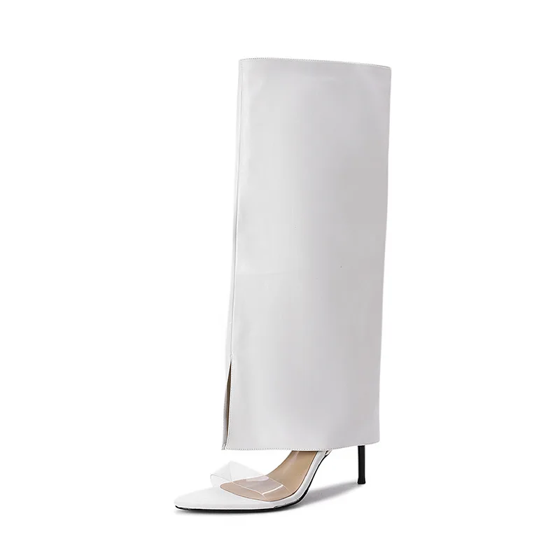 Arden furtado verão transparente pvc virado-over borda calças pernas botas dedo do pé apontado deslizamento-on stilettos salto aberto dedo do pé botas frescas