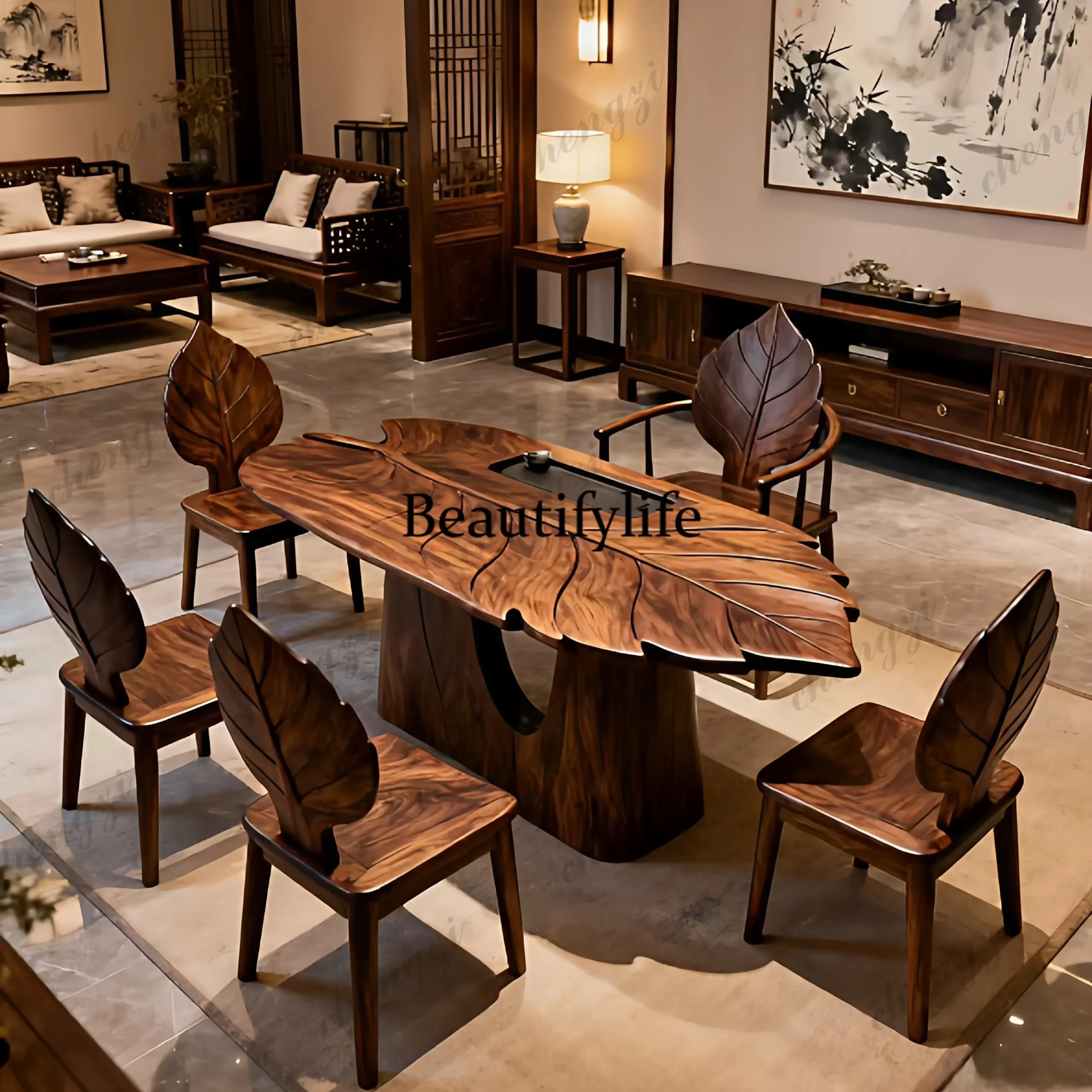 A17 New Chinese-style solid wood leaf tea table tea table and chair combination modern simple living room furniture