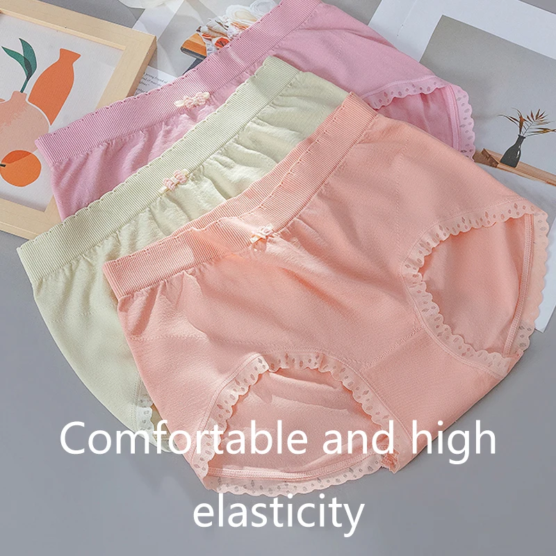 Soft Panties For Women Cute Seamless Briefs Female Mid Waist Underwear Lace Edge Intimates Underpants Breathable Lingerie Shorts