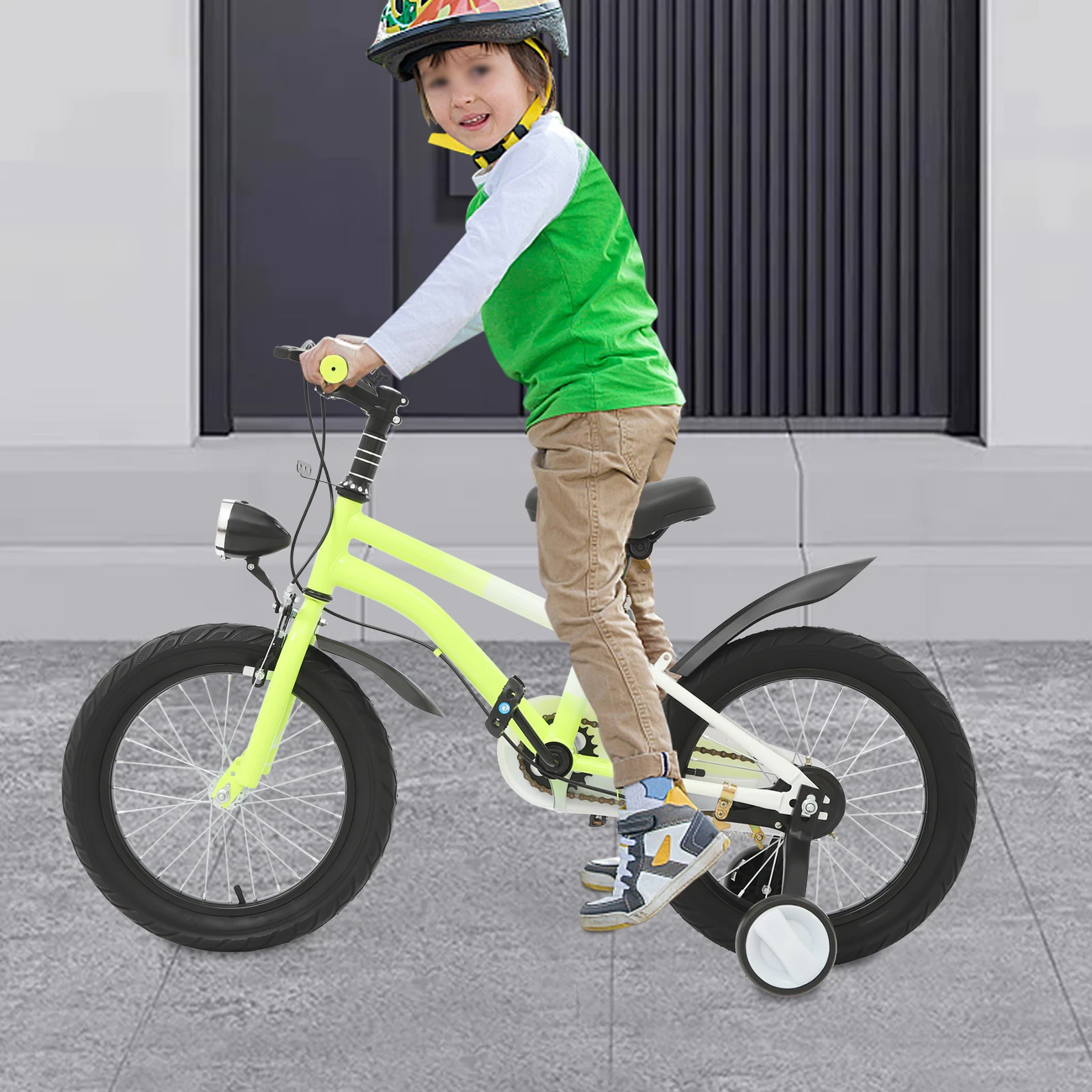 دراجة أطفال مقاس 16 بوصة، فرامل مزدوجة قابلة للتعديل، تحميل دراجة للأطفال 60 كجم مع عجلات تدريب + مصباح أمامي للأعمار من 5 إلى 8 سنوات (وردي/أخضر/رمادي)