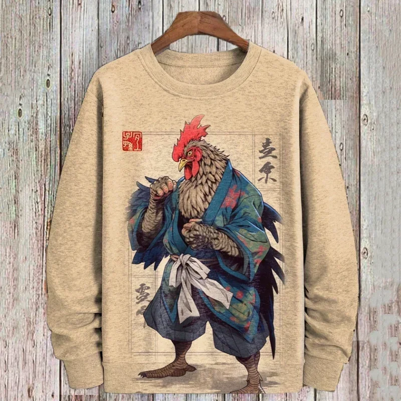 Men's Kung Fu Chicken Pattern Hoodie Retro 3D Printed Pullover Autumn Street Long Sleeve Loose Sweatshirt Round Neck Sweatshirt