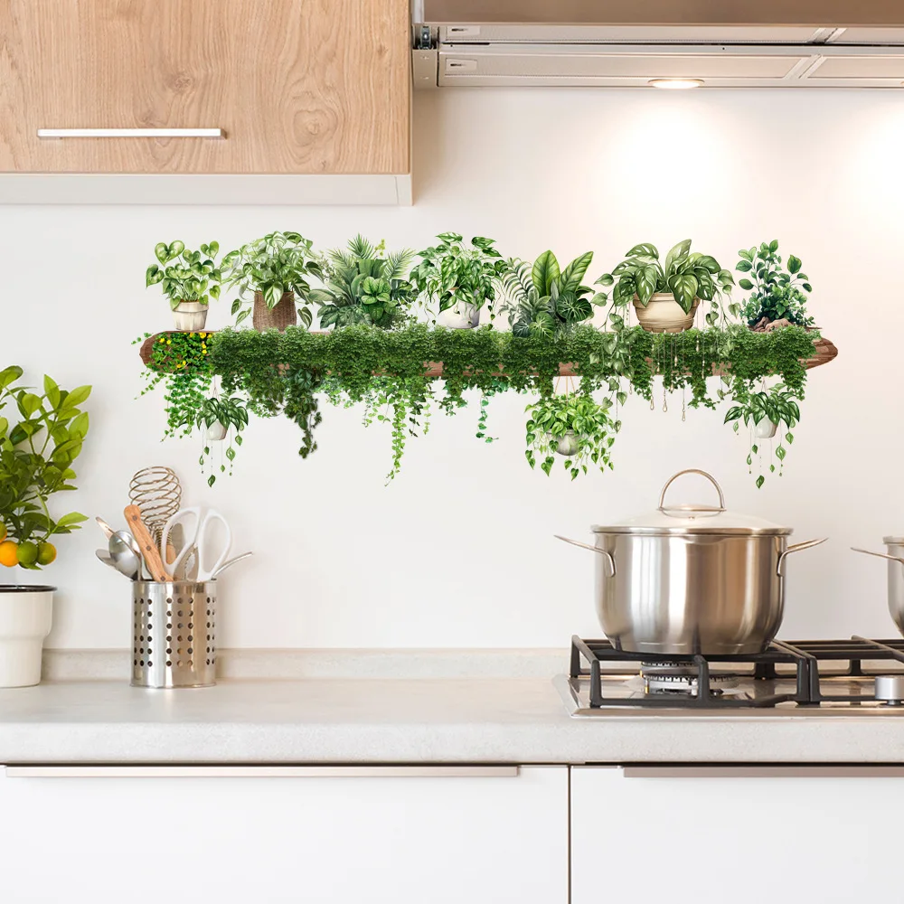 Vite verde foglie di aneto fiore appeso cestino adesivi murali camera da letto sala da pranzo soggiorno cucina pianta verde decorazioni per la casa adesivi murali