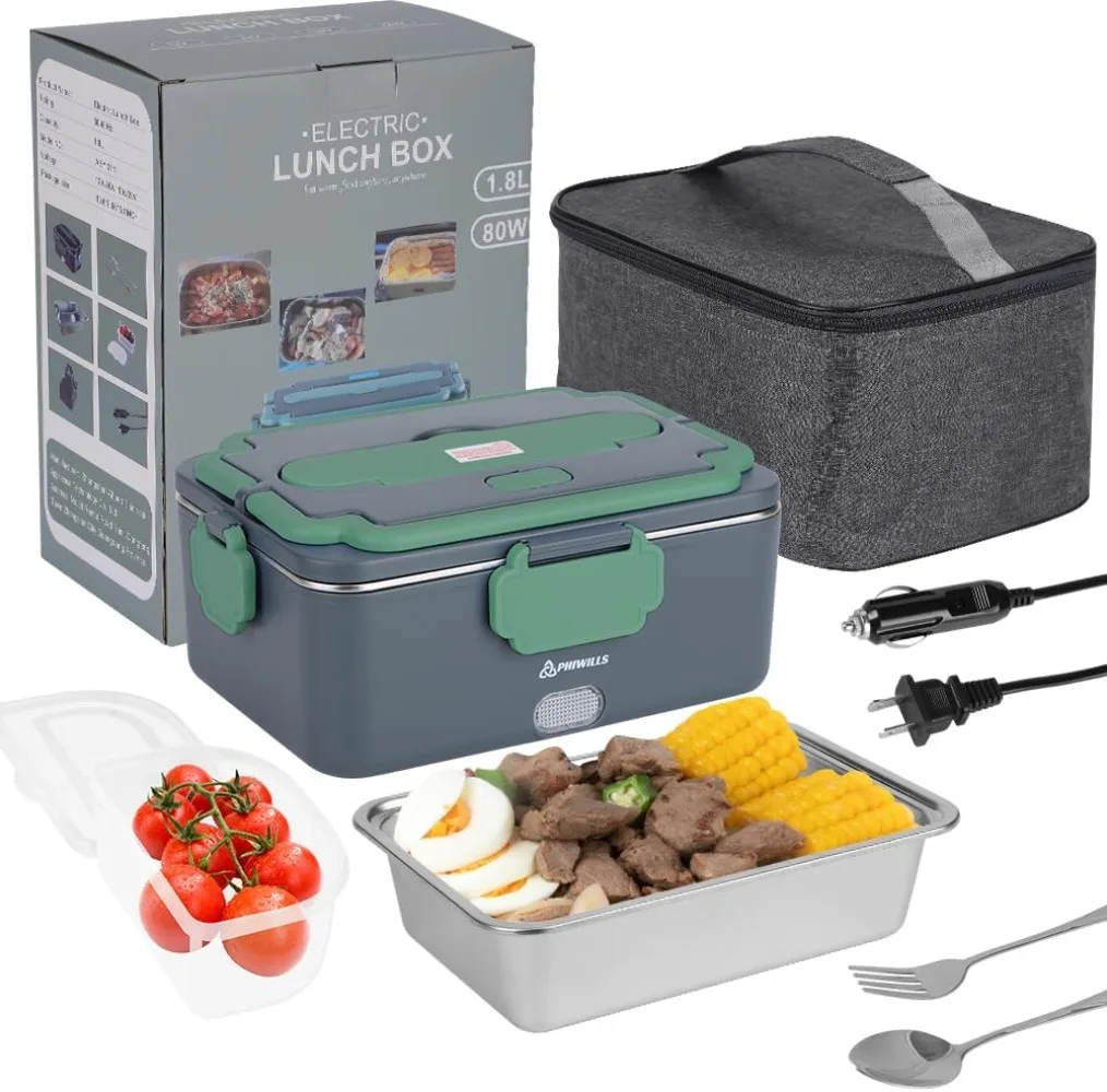 

100W Electric Lunch Box with 1.8L Container 12V/24V/110V Stainless Steel Spoon and Fork Insulated Bag