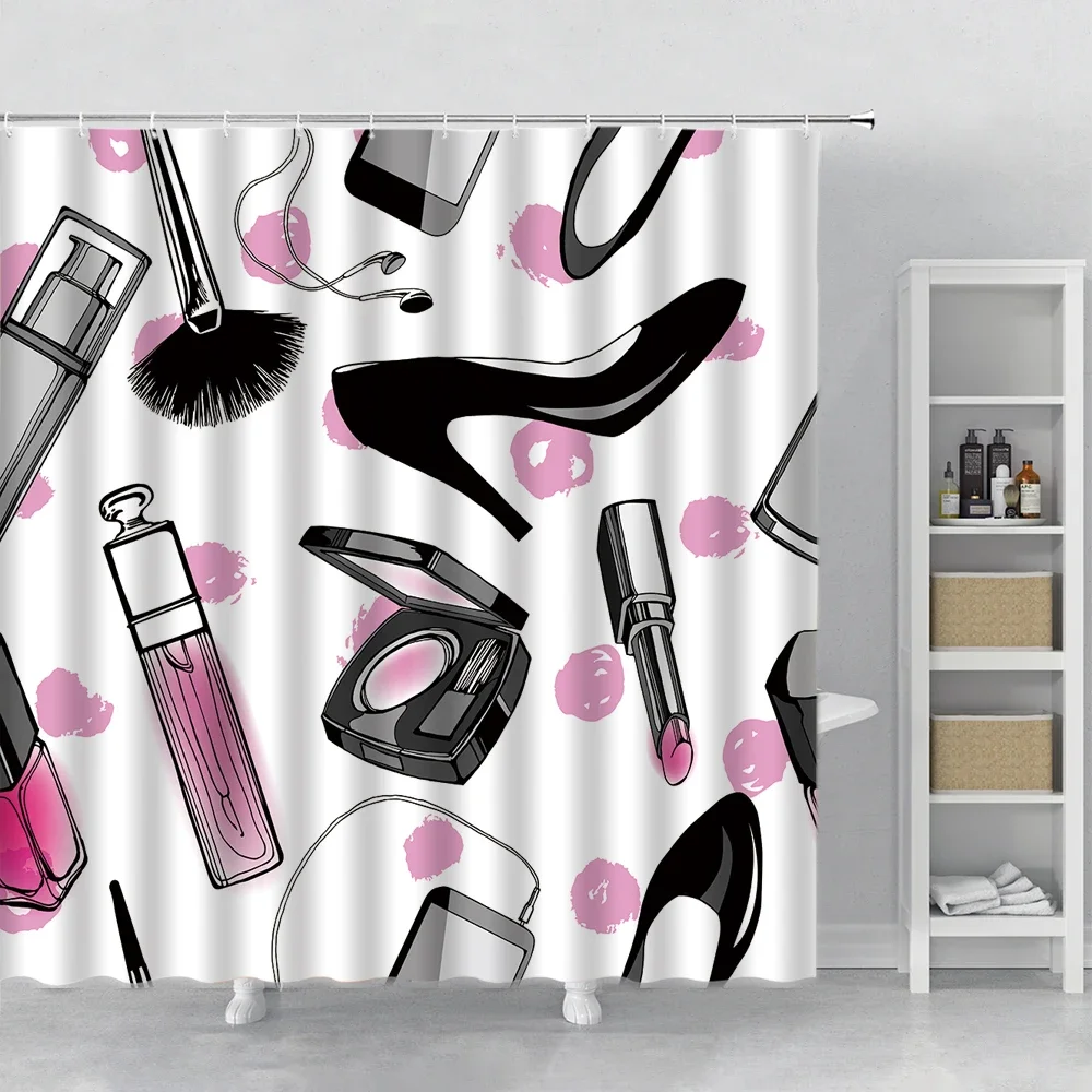 Girly Makeup Theme Pattern Perfume Lipstick Nail Polish Brush Modern City Ladies Bathroom Curtains Set Decor Polyester With Hook