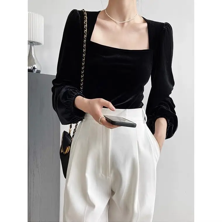 camisas elegantes de veludo plus size estilo palácio gola quadrada manga lanterna blusa de veludo dourado preto roxo