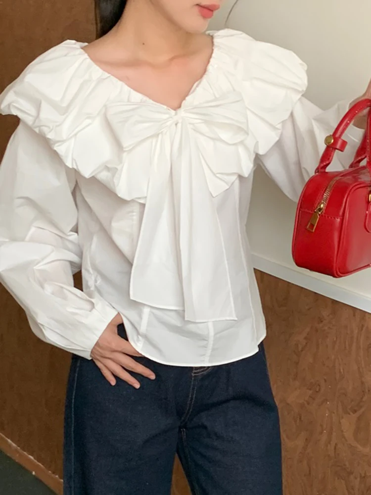 

QOERLIN Women Long Sleeve V-Neck Bowtie White Shirts Korean Fashion Loose Casual Blouse Ruffles Tops Sweet Women Outfits 2024