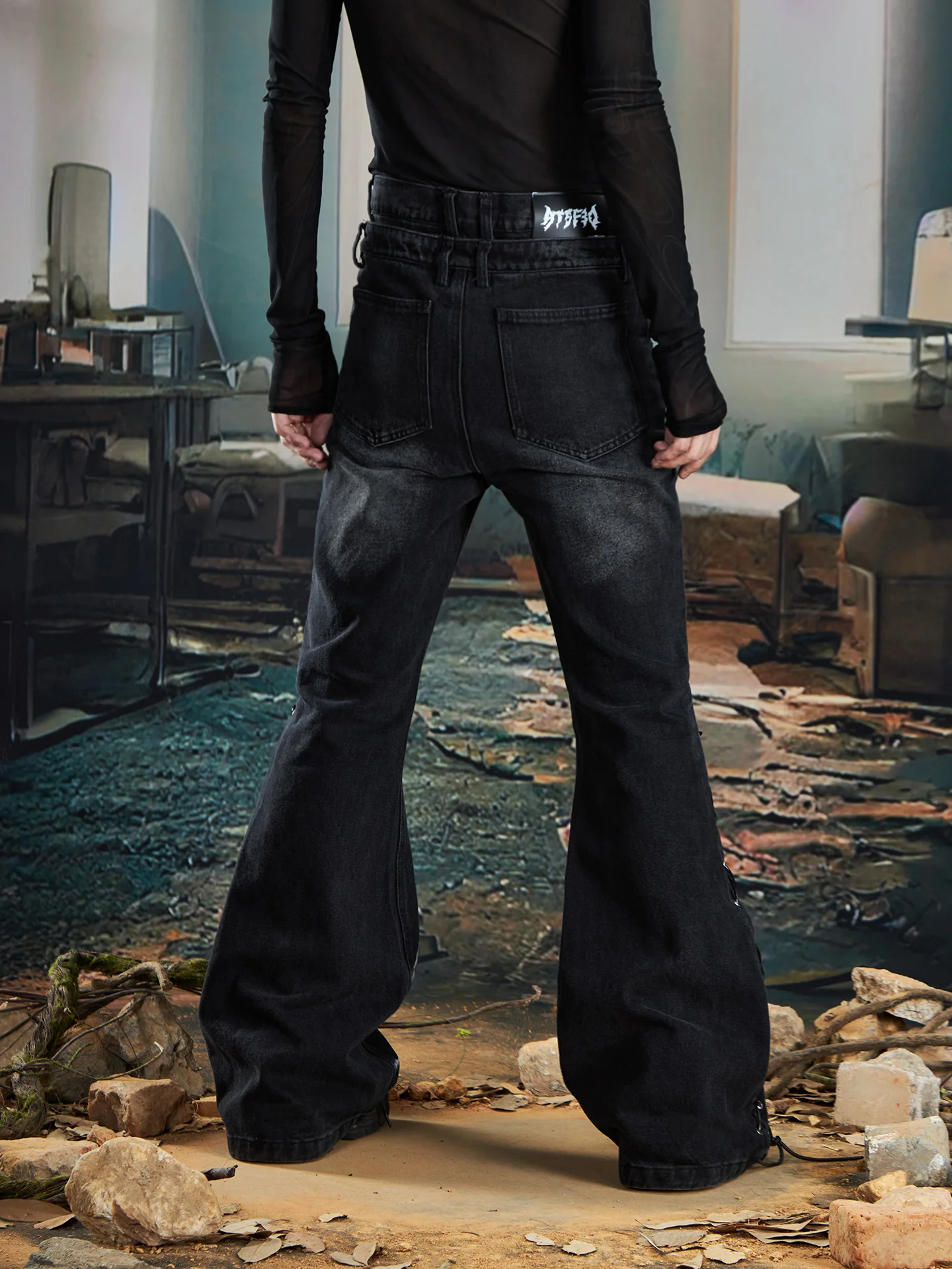 Special-Interest Design Niche Light Ya Punk Double Waist and Foot Split Pattern Fit Micro-Pull Jeans Trousers