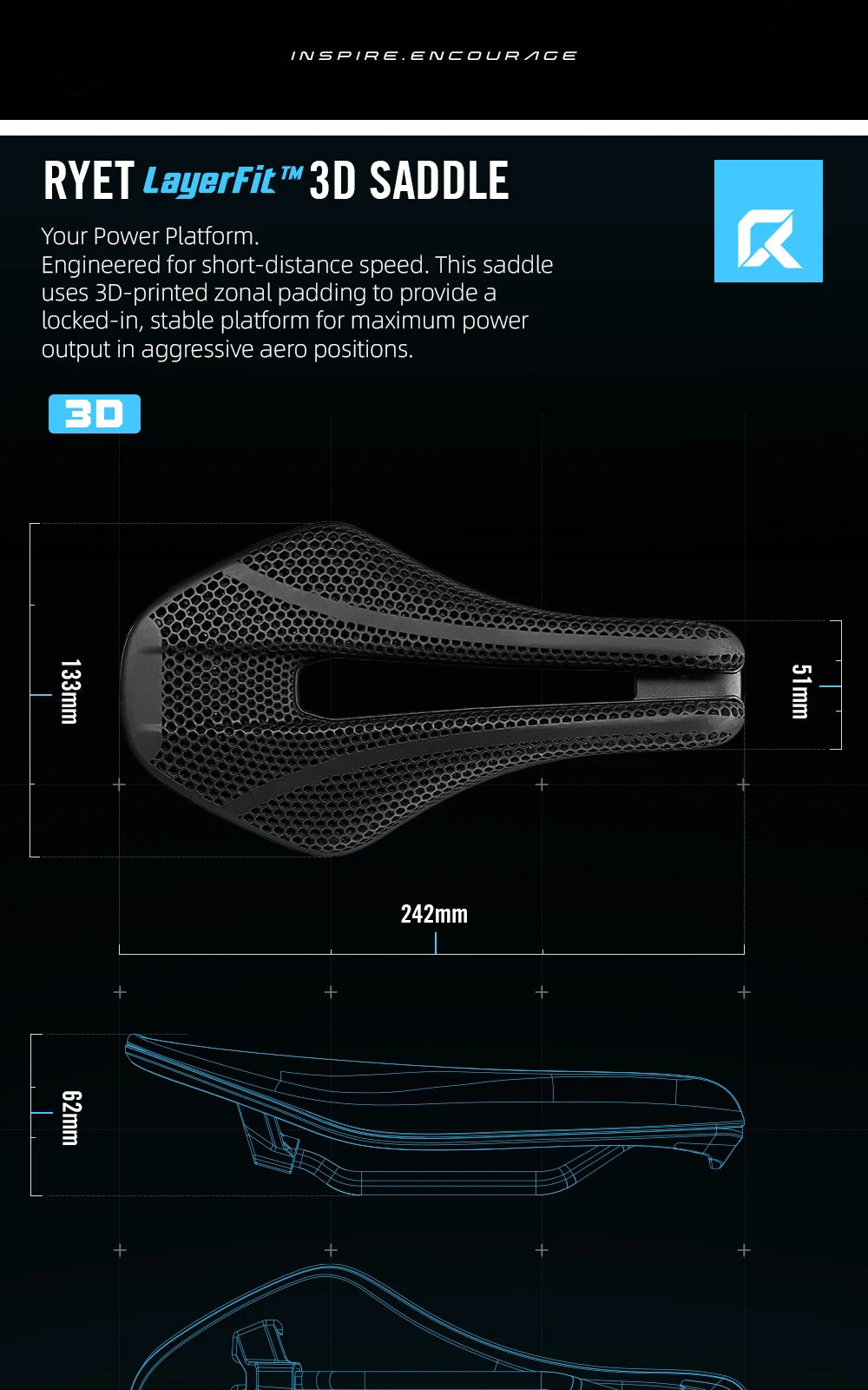 RYET 3D-Gedruckter 167g/199g TT-Sattel, 242x133mm Carbonfaser-Schiene Kurznasen-Aero-Design für Zeitfahr- und Triathlon-Fahrradteile – Detail 3
