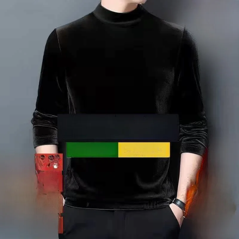 Men's Fleece Lined Velvet Long Sleeve T-Shirt Winter Sweatshirt Half High Collar Large Size Base Shirt Trendy Versatile Top