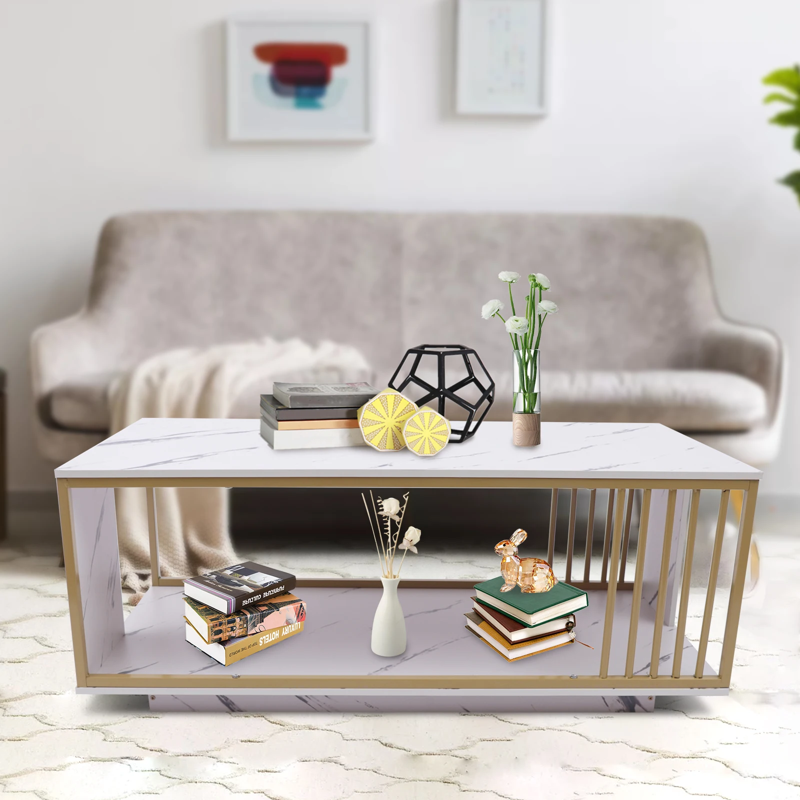 Modern White Marble Coffee Table 2 Tier Center TV Table Cocktail Table Sofa End Table with Gold Frame for Living Room