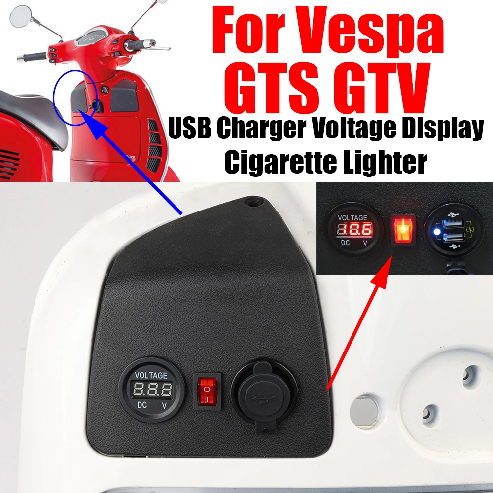 Für Vespa GTS 125 250 300 GTV GTS250 GTS300 Zubehör Vorderer Handy-USB-Anschluss Ladegerät Spannungsanzeige Zigarettenanzünder – Detail 1