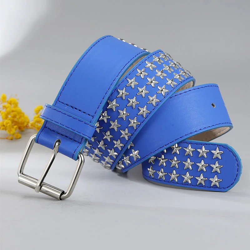 

men's casual studded belts soft leather star belt party nightclub dress womens stylish waistband pin buckle strapon blue brown