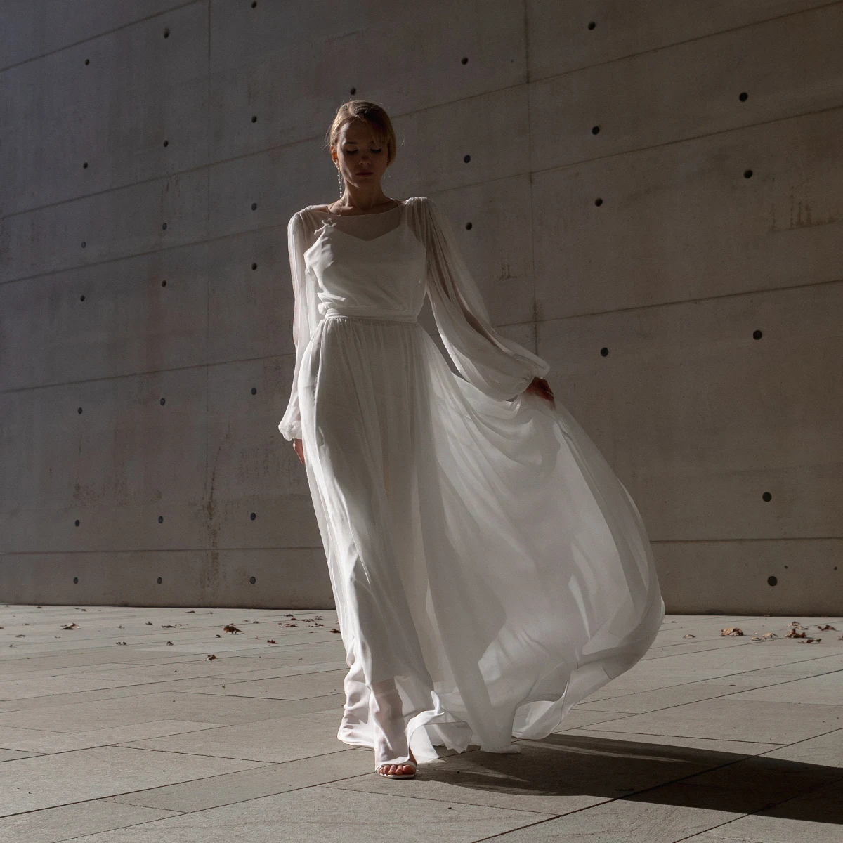 فساتين زفاف شيفون بأكمام كاملة على شكل حرف a ، فساتين زفاف بوهو للشاطئ بدون ظهر ، فيستدو دي نويفاس DW1111