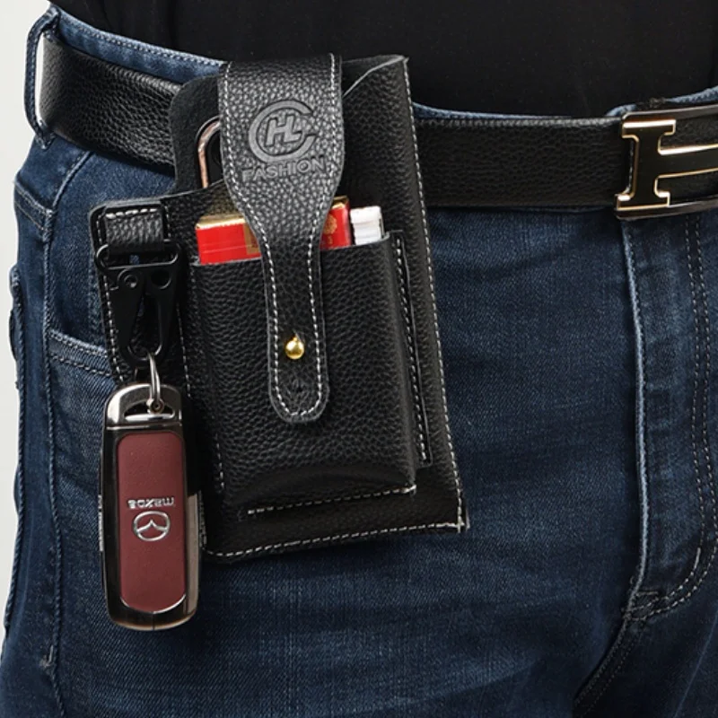 

Мужская поясная сумка из натуральной кожи с крючком для ключей, держателем для телефона, отделением для сигарет и зажигалки, прочная кожаная поясная сумка-бананка.