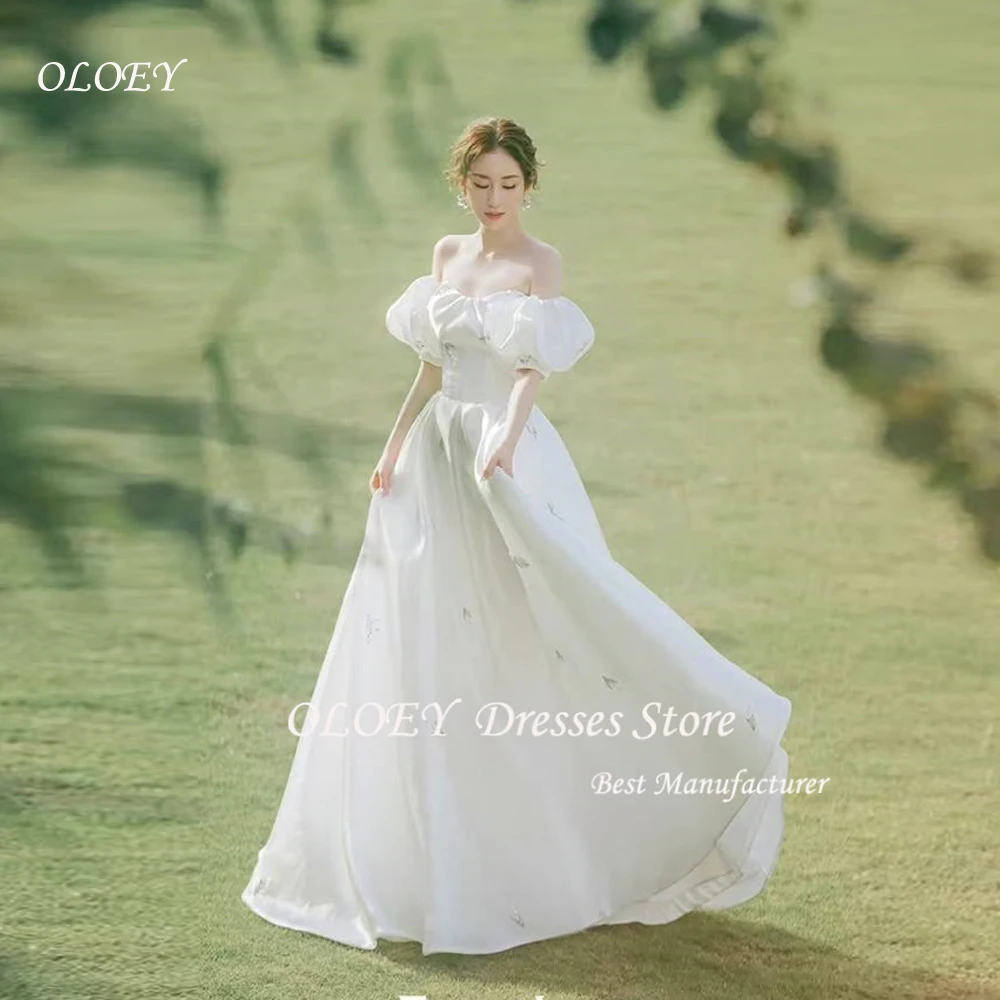 

OLOEY Simple A Line Korea Wedding Dresses Photoshoot Cap Sleeves Off the Shoulder Floor Length Bridal Gowns Corset Customized