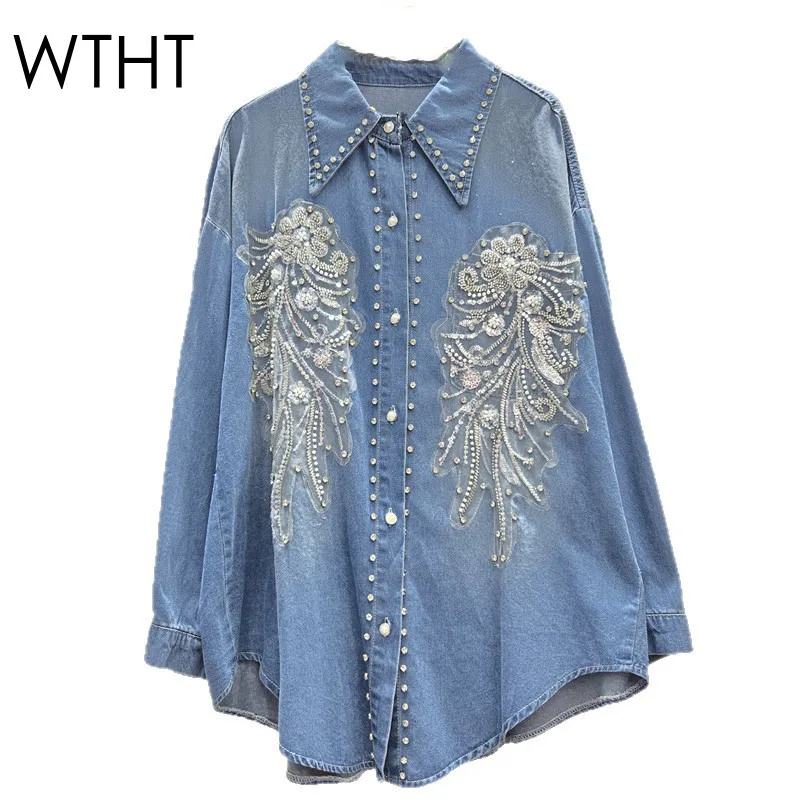 

WTHT Fashion Women's Heavy Industy Spliced Diamond Denim Shirts Vintage Long Sleeves Lapel Loose Tops Female 2025 Summer 1LS2026