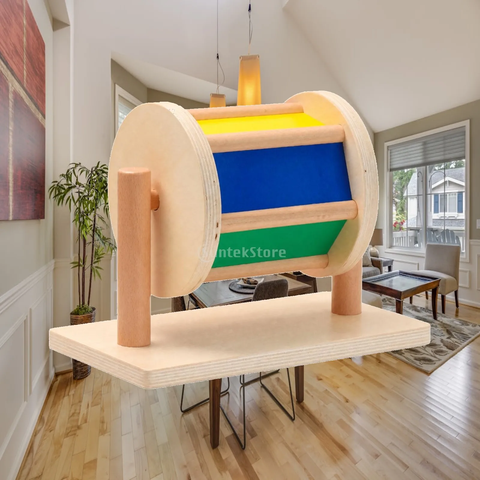 Wooden Infant Textile Drum Montessori Toy for Baby Sensory Play Rotating Cylinder with Fabric Panels for Early Learning and Fine