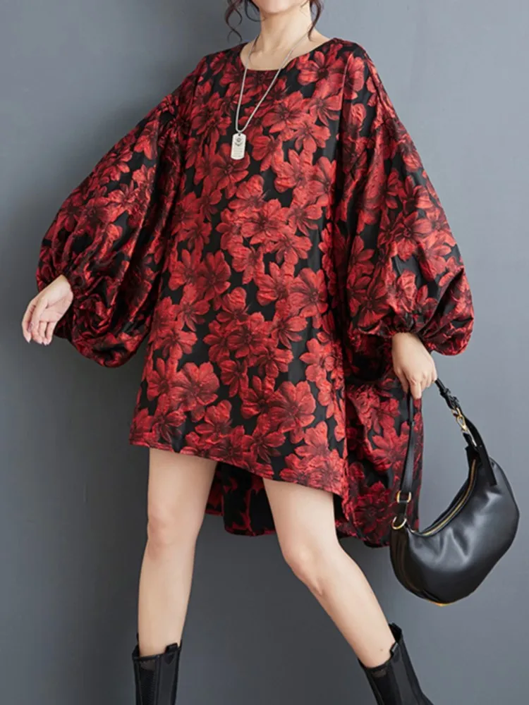 Oversized Autumn Mini Dress Women Flower Floral Fashion Irregular Pleated Ladies Dresses Loose Lantern Long Sleeve Woman Dress