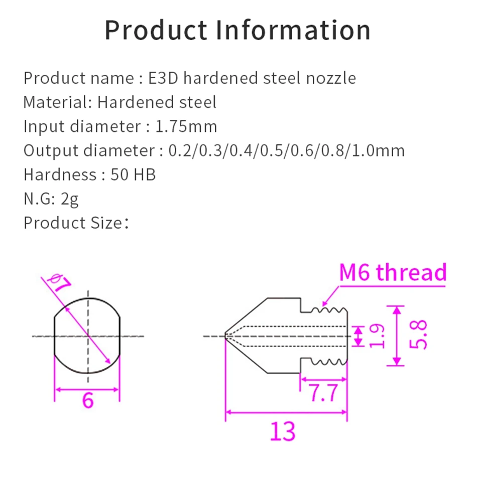 Torlipy Hardened Steel V6 Nozzle High Temperature Wear-Resistance 3D Print PEI PEEK Carbon Fiber 1.75mm Filament For E3D Hotend