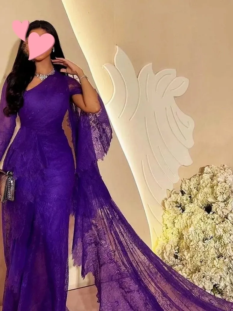 

Flora Dress Elegant Purple Lace Mermaid Long Sleeves Formal Occasion Prom Dress Dubai Arab Evening Party Gowns فساتين السهرة