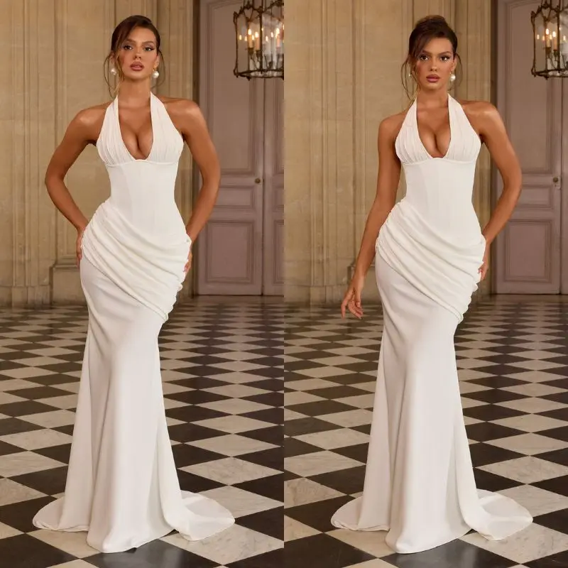 Halter Neck Satin Mermaid Wedding Dress Ruched Deep V Neck Backless Bridal Gown Train Vestidos de Novia Robe de Mariee Plus Size