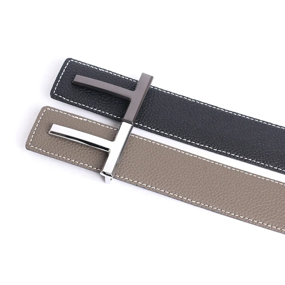 Top Grey Luxury Brand Designer T Buckle Belt Men High Quality Women Genuine Real Leather Dress Strap for Jeans Waistband