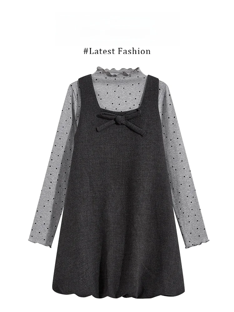 Marie Winter Outfit Floral Print Vest Dress with Bow Knot Half High Collar Underwear Set Women's Fashion Ensemble