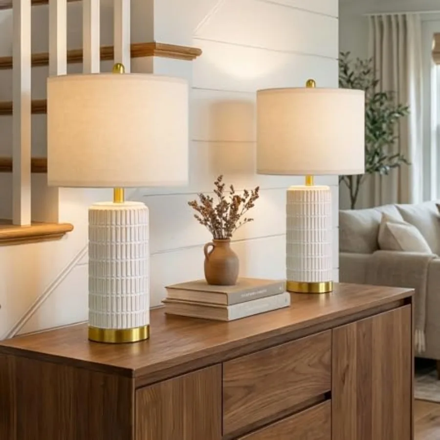

Small Bedside Table Lamps Set of 2 for Bedroom Living Room, 21.5'' Modern Ceramic Nightstand Lamps with Gold Base, Farmhouse Ta