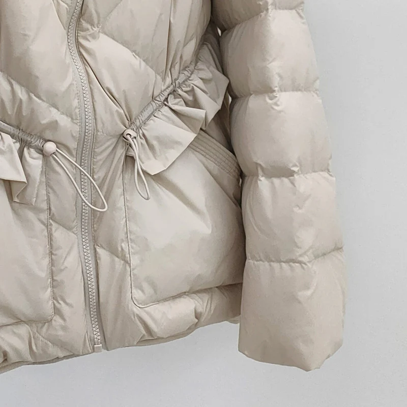 Schinteon 여성용 초경량 화이트 덕 다운 재킷, 스탠드 칼라 러플 패치워크 아웃웨어, 가을 겨울 패션 코트, 2023 신상