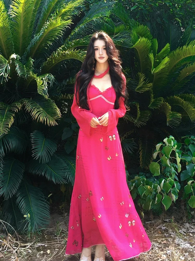 

Комплект XZY Ele: вязаный топ на бретелях с поясом и длинные брюки-кюлоты для женщин, весенний повседневный, больших размеров, с V-образным вырезом, облегающий...