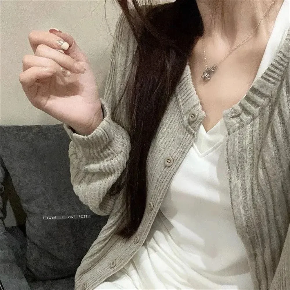 Casual Basic Korean Solid Color Knitted Cardigan Autumn New V-Neck Women'S Clothing Long Sleeve Vintage Single-Breasted Sweaters