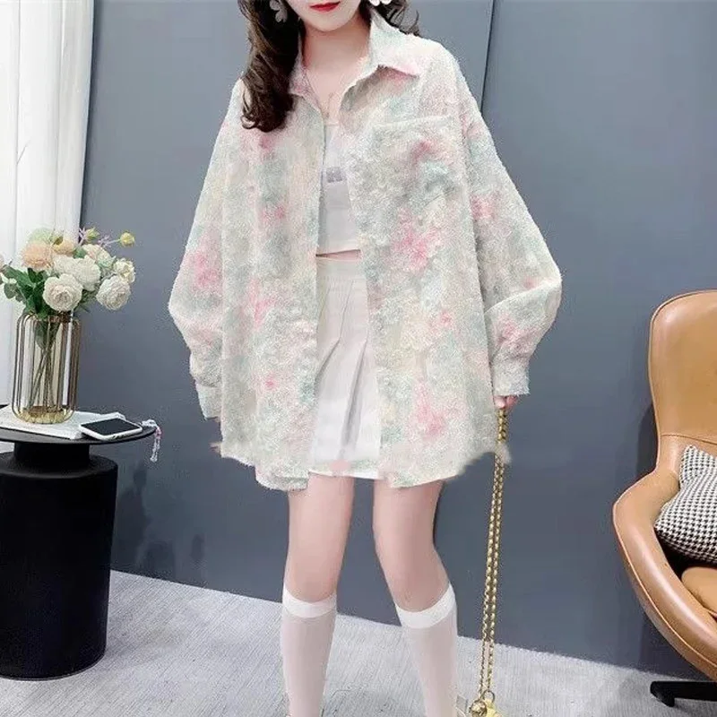 Spring Autumn New Turn-down Collar Fashion Long Sleeve Shirt Women High Street Casual Loose Button Cardigan Elegant Printing Top