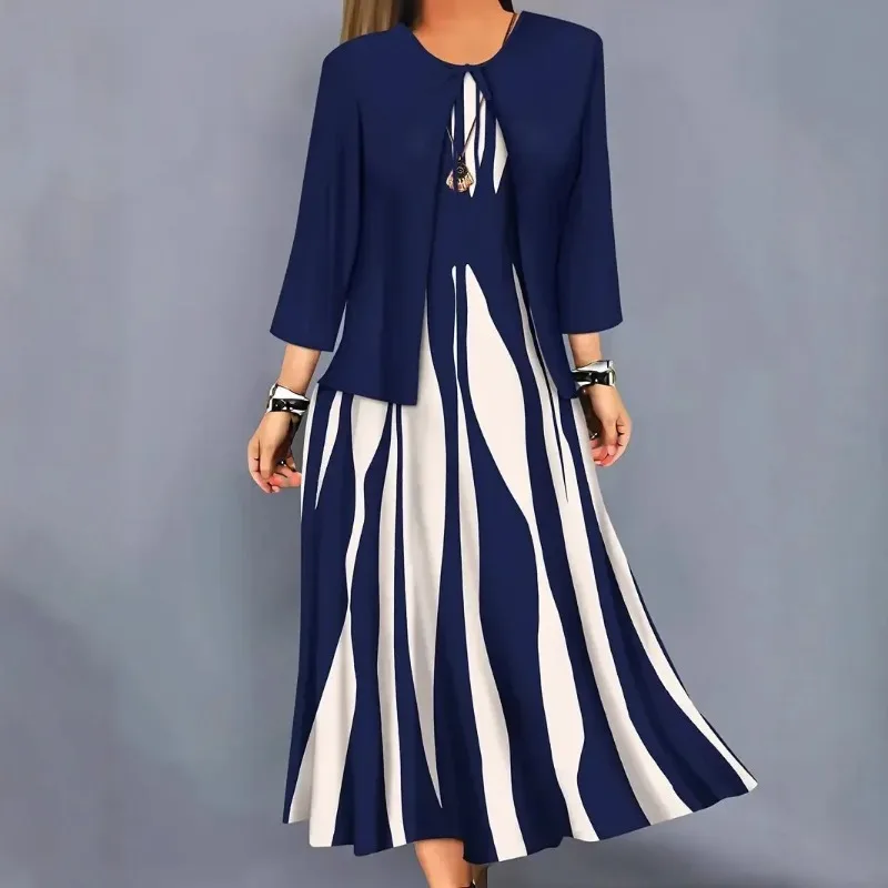 Plus Size Plus Size Geometric Print Long Sleeve Dress And Jacket Set Two Piece Set Large Size Polyester Fiber Women's Fashion
