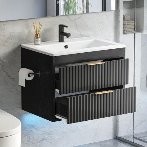 24" Floating Bathroom Vanity with Sink, Modern Wall Mounted Cabinet, 2 Drawers with Black Handles, for Bathroom/Laundry Room, White,Black
