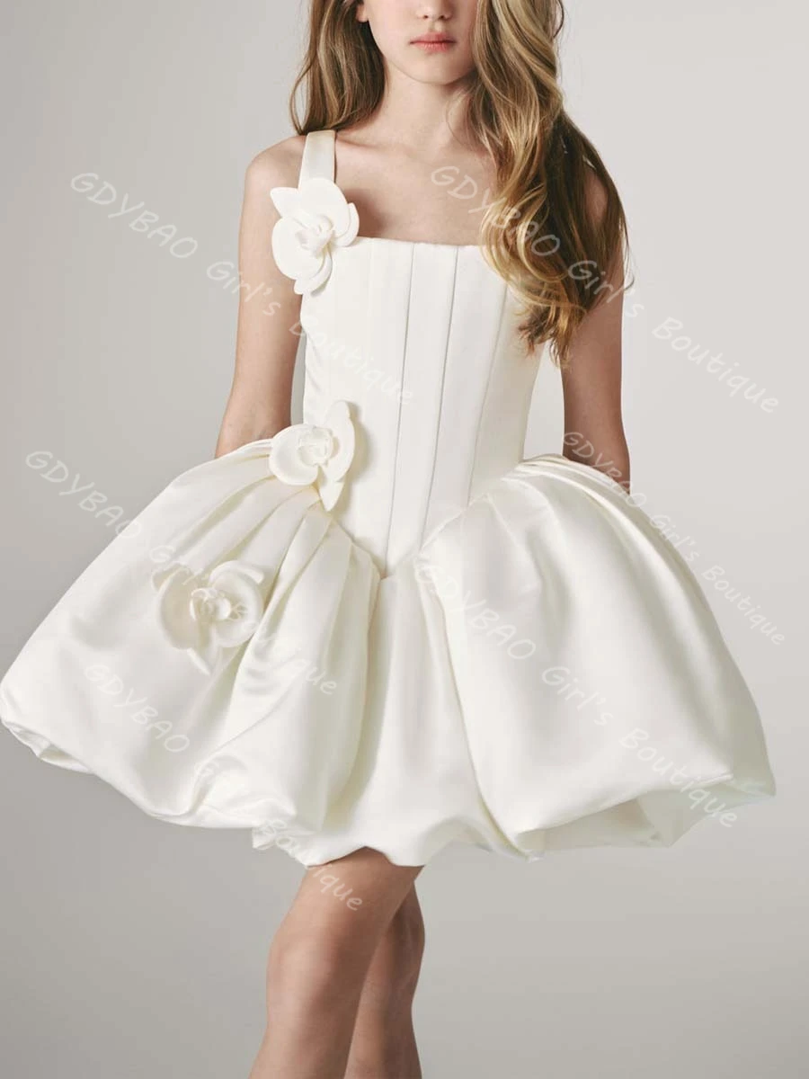Vestido de niña de flores de color marfil para boda, Mini tutú esponjoso con flores en 3D, vestido de desfile de princesa con tirantes finos, vestido de fiesta personalizado para niños