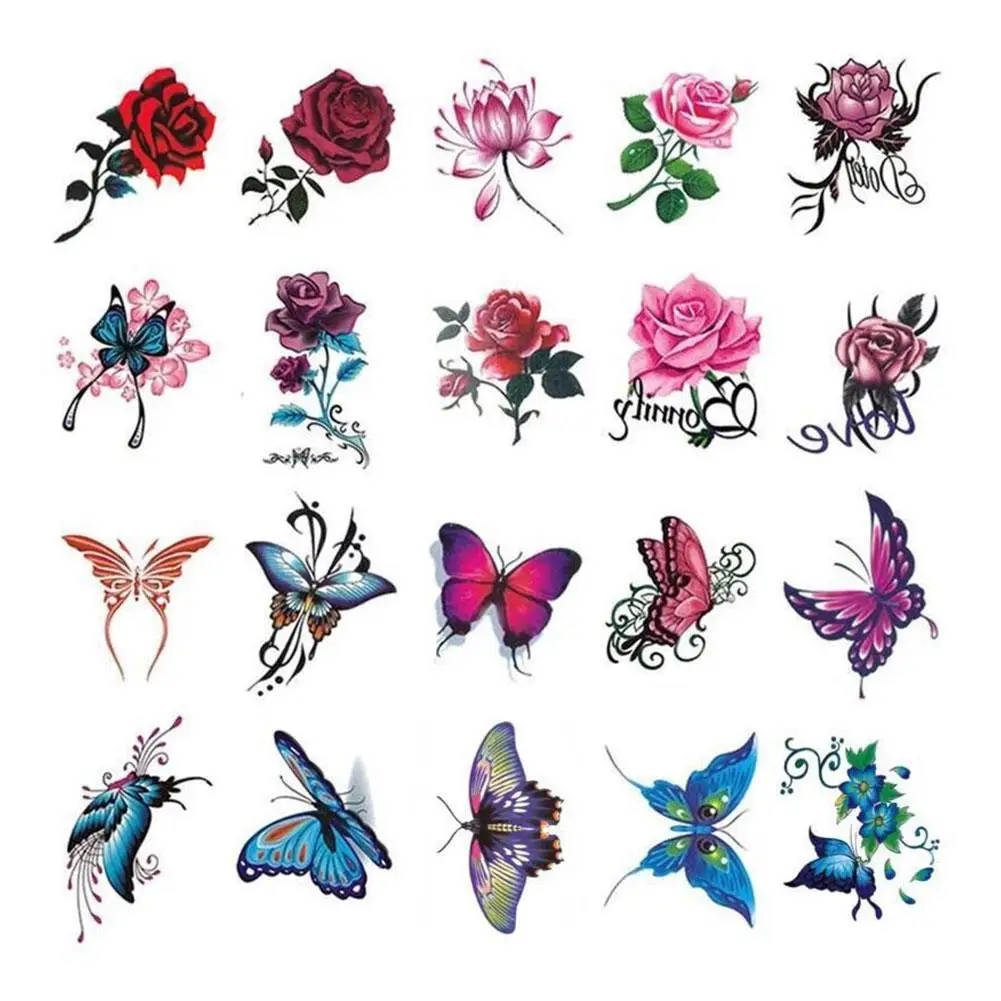 Tatuajes temporales de plumas y mariposas para mujer, pegatinas falsas de Anime, tatuaje de Protección corporal 3D, flor rosa, Waterproo N1Y9