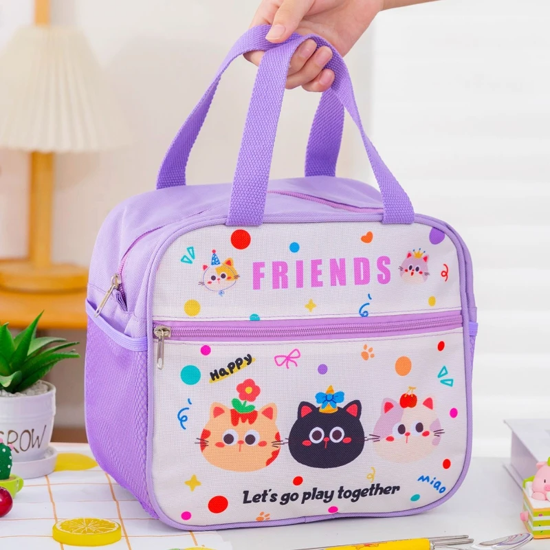 Purple Pink Cat Sky Blue Brown Dog Cute Cartoon Insulated Lunch Bag Kids Large Waterproof Thermal Bento Tote Handbag School